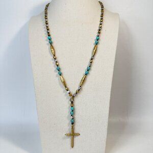 Lucky Brand Y-Drop Cross Necklace Blue Stone Gold-Tone Religious Long Length